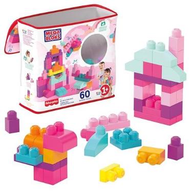 Imagem de MEGA BLOKS, Conjunto com 60 Grandes e Coloridos Blocos de Montar e 1 sacola de Armazenamento, Conjunto de Presente de Brinquedo para Idades a partir de 1 ano, DCH54