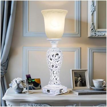 Imagem de Candeeiro de mesa de 50 cm com 2 portas USB, luminária de cabeceira vintage para quarto, luminária de mesa regulável de 3 vias com persiana de vidro, luz rústica de mesa de cabeceira para sala de