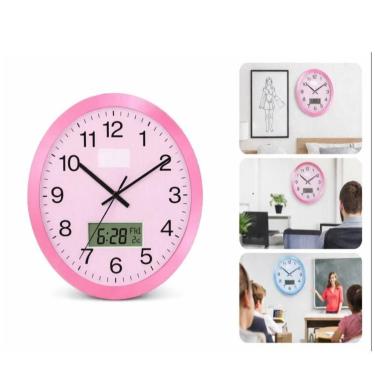 Imagem de Relógio de Parede Rosa Analógico com Calendário, Termômetro Digital  P