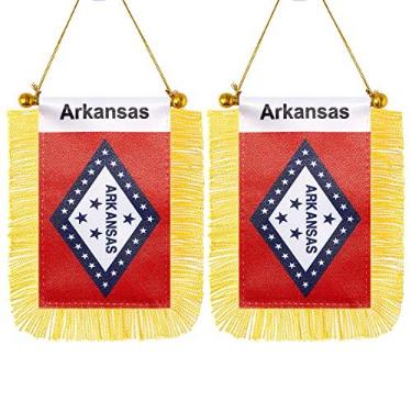 Imagem de CANTENDO Pacote com 2 bandeiras americanas para pendurar na janela do Arkansas, mini bandeira de carro do estado do Arkansas dos EUA com haste borla ventosa decoração de espelho retrovisor (7 x 12 cm)