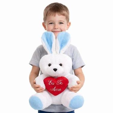 Imagem de Coelho Grande de Pelúcia 48cm com Coração "Eu Te Amo" Presente Infantil Páscoa (Azul)