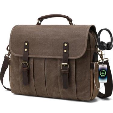 Imagem de BOVIP Bolsa mensageiro masculina vintage de 15,6 polegadas de couro legítimo, bolsa de ombro para laptop com USB, porta de fone de ouvido, Marrom, Medium