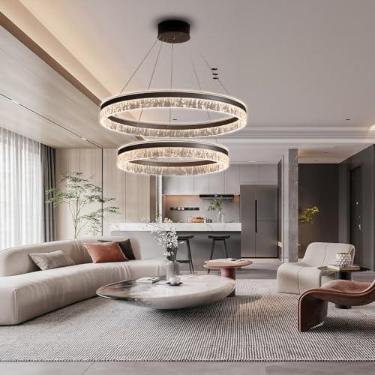 Imagem de Lustre LED para sala de estar, luminária pendente grande e moderna, dimerizável com controle remoto, luminária de teto criativa para mesa de jantar, luminária redonda de alumínio marrom com