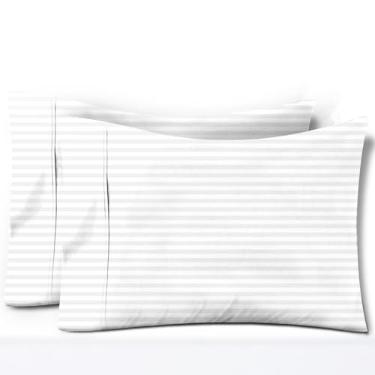 Imagem de TEXAS LINEN CO. Conjunto de 2 fronhas 100% algodão egípcio, 600 fios, listra branca padrão/queen fronha para dormir, macia, de cetim, fronhas de grampo extra longas