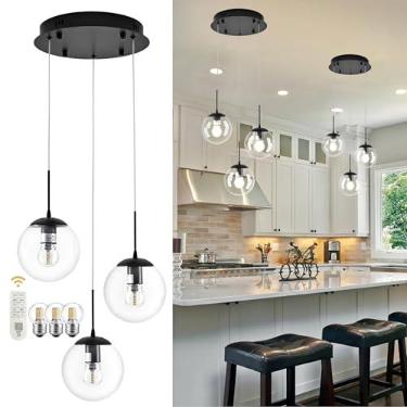 Imagem de KoKo&Yukina Lustres De Vidro Globo De Luz Moderna Preta Transparente Lustre De Vidro Globo Comprimento Ajustável Luminárias Pendentes Luz De Teto Alto Para Hall Corredor Sala De Jantar