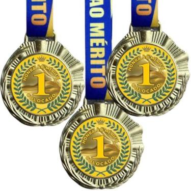 Imagem de Kit 10 Medalhas Para Honra ao Mérito Premiação De 1º Colocação Campeão 6cm Com Cordão premium