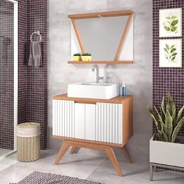Imagem de Conjunto para Banheiro Gabinete Pés Retrô 80cm 2 Portas com Cuba e Espelheira com Led 1 Prateleira Onix Berton Cinamomo/branco