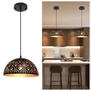 Imagem de Luminária Pendente Cozinha Preta E27, Lustre Pendente Ouro Negro Vintage Altura Ajustável Luminária de Teto Industrial Redonda Retro Metal Iluminação para Quarto Sala de Jantar Sala Ø: 30 cm