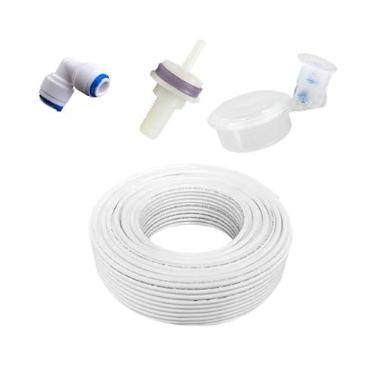 Imagem de Adaptador de Fixação da Boia na Tampa do Filtro + Boia Nível de Água + Engate Rápido União L ¼ +Tubo (Engate L Azul/Branco, 01 Metro Mangueira)