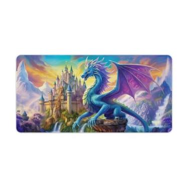 Imagem de ANMOGID Tapete de mouse grande para mesa, acessórios de computador, jogos, organizadores de escritório, suprimentos, decoração, blocos de teclado essenciais para mesa, borracha, dragão, castelo, roxo,