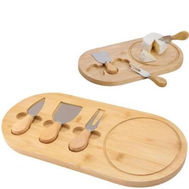 Imagem de Kit Servir Queijo Com 3 Utensílios Tábua Compacta Madeira Prático Pres