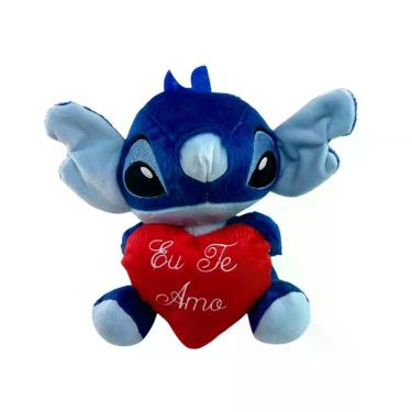 Imagem de Urso Stitch de Pelúcia 20 cm com Coração Bordado "Eu Te Amo" Rosa e Az