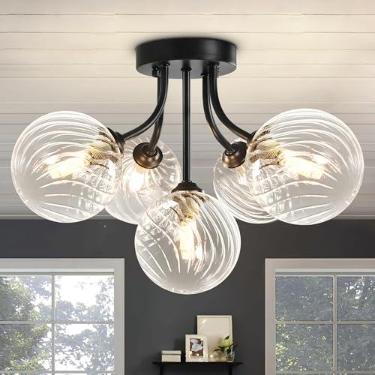 Imagem de Luminária de teto Sputnik com 5 lâmpadas globo bolha de vidro transparente em espiral de vidro semi-embutido luminária de teto lustre de bolha preta para banheiro Kithcen corredor sala de jantar foyer