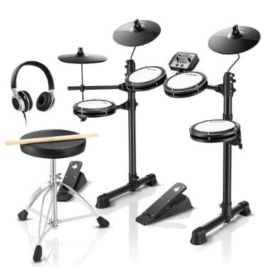 Imagem de Donner Conjunto de bateria eletrônica DED-80 com 4 pads de malha silenciosos, mais de 180 sons, 2 pedais, trono, fones de ouvido, bastões e lições de melódica