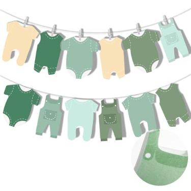Imagem de Solsew Guirlanda de feltro para chá de bebê neutra verde 12 peças body varal faixa de roupa de chá de bebê decorações de guirlanda para revelação de gênero bem-vindo suprimentos de festa de