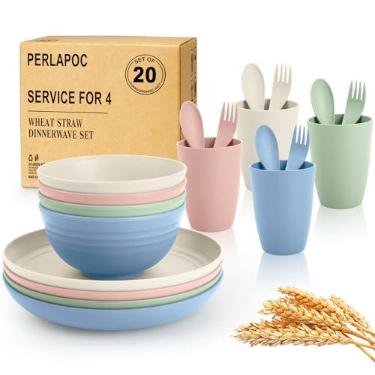 Imagem de Perlapoc Conjuntos de louça de palha de trigo, serviço para 4, conjuntos de pratos e tigelas de cozinha com prato de jantar/tigela de cereal/xícara/garfo/colher, 20 peças para acampamento ao ar livre