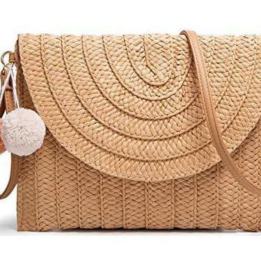 Imagem de Bolsa tiracolo feminina de palha com pompom, tecido à mão, bolsa envelope de praia de verão, A cáqui, Medium