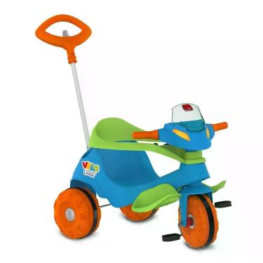 Imagem de Triciclo Infantil Velobaby Passeio e Pedal com Haste Direcionável e Cercado Azul Brinquedos Bandeirante