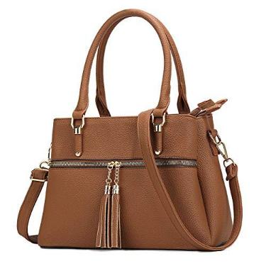 Imagem de KKXIU Bolsas femininas com alça de ombro, bolsos e bolsos com zíper, bolsas transversais de couro, D - Marrom, Medium