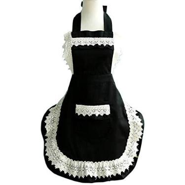 Imagem de Avental ajustável de renda adorável para cozinha e cozinha com bolso para presente, Preto, One Size, 1