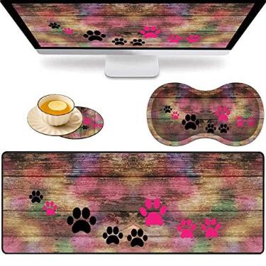 Imagem de Mouse pad grande para jogos + almofada de suporte de pulso + porta-copos de café, tapete de mesa dobrável rústico com pata de cachorro de madeira arco-íris com borda costurada, almofada antiderrapante adequada para escritório e casa