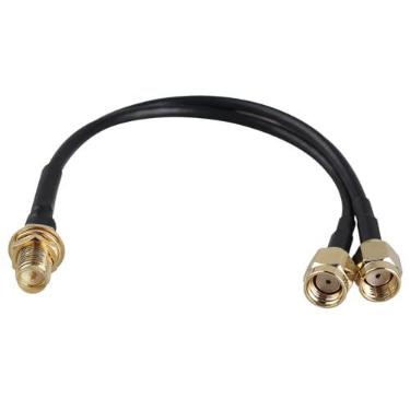 Imagem de Futheda Suporte de anteparo fêmea RP-SMA para antena macho RP-SMA Dual RP-SMA cabo divisor adaptador de antena WiFi RG174 15 cm/6 polegadas para roteador de rede sem fio hotspot modem WiFi adaptador
