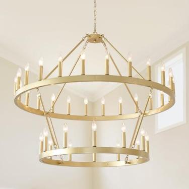 Imagem de HHR Lustre De 48" Com Rodas De Carroça Douradas, 2 Níveis, Lustre Grande De Fazenda Com 36 Lâmpadas Para Tetos Altos, Luminária Pendente Rústica Redonda Para Hall De Entrada, Sala De Jantar, E12