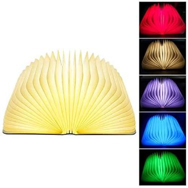 Imagem de MOBXPAR Candeeiro de livro dobrável, 5 cores, novidade de LED, luz noturna em forma de livro, luminária de mesa de cabeceira de madeira recarregável por USB para decoração de casa, presente de