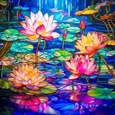 Imagem de Bgraamiens Quebra-cabeça de nenúfar de vitral - 1000 peças de arte floral para adultos, desafio de cores com design de mosaico botânico, decoração de casa e ideia de presente