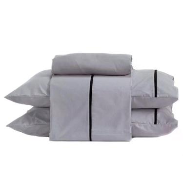 Imagem de Jogo De Cama Lençol Queen Milano Liso Com Fronhas Viés 04 Peças - Percal Algodão 200 Fios Cor Cinza