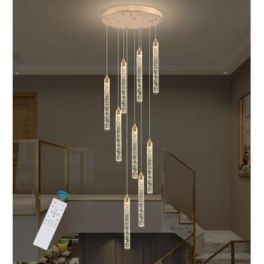 Imagem de Upfelw Lustre de escada de cristal, moderno dourado espiral regulável LED cluster pingo de chuva lustre iluminação, lâmpada suspensa para sala de estar bolha 9 luzes controle remoto