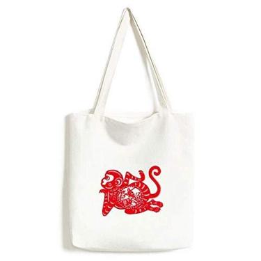 Imagem de Papercut Chinês Macaco Zodíaco Chinês Cultura Tradicional Arte Janela Flores Ambientalmente Tote Lona Bolsa de Compras Artesanato Lavável