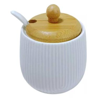 Imagem de Açucareiro Cerâmica 360ml Com Colher E Tampa De Bambu Branco - Hauskra