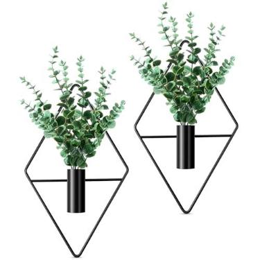 Imagem de Canlierr 2 peças de decoração de parede com plantas artificiais, vaso suspenso de metal, suporte de plantas internas, arte de parede boho moderna para banheiro, quarto, sala de estar (preto, eucalipto