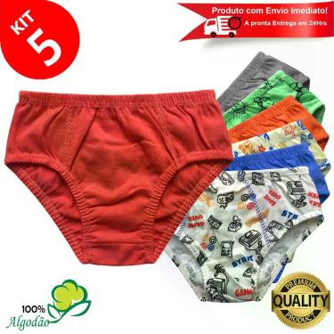 Imagem de Kit 5 Cuecas Infantil Slip Lisa e Estampada Menino Algodão Revenda - L