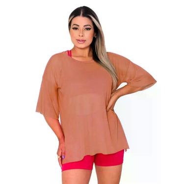 Imagem de Blusa Tule Feminina Fitness Academia Manga Curta Laranja - Rcv Store, 