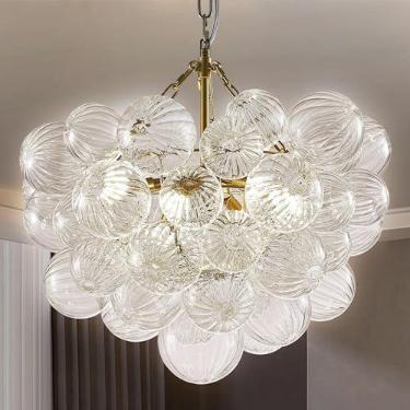 Imagem de Lustres para entrada de teto alto, lustre nórdico de vidro espiralado em forma de bola de bolhas, luminária pendente pequena de vidro soprado dourado e transparente para quarto, estudo, rest