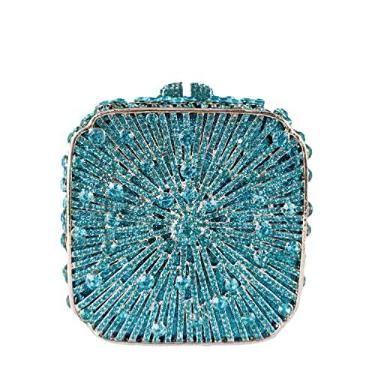 Imagem de Boutique De FGG Bolsa feminina de metal com cristal para noite, para casamento, noiva, strass, festa, mini, Azul turquesa, Mini Square