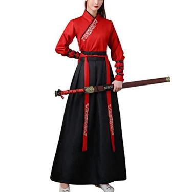 Imagem de Roupa tradicional chinesa para adultos Hanfu antigo espadachim cosplay fantasia feminina masculina roupas de artes marciais, nº 12 vermelho/preto, XL/165-175