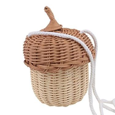 Imagem de Garneck Bolsa de mão pequena em forma de bolota de vime feita à mão cesta de armazenamento com tampa bolsa de ombro decorativa para crianças adereço de fotografia