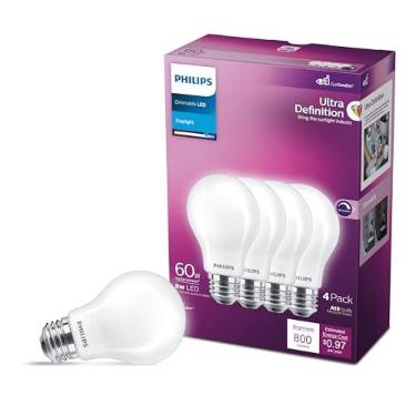 Imagem de Heywood Philips Lâmpada LED sem cintilação regulável A19, fosca, ultra definição, tecnologia EyeComfort, 800 lúmens, luz do dia (5000K), 8W=60W, base E26, certificado título 20, (576132) pacote com 4