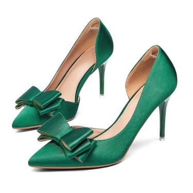 Imagem de Sapato social feminino com salto laço fechado bico fino stiletto slip on casamento, Cetim verde, 40