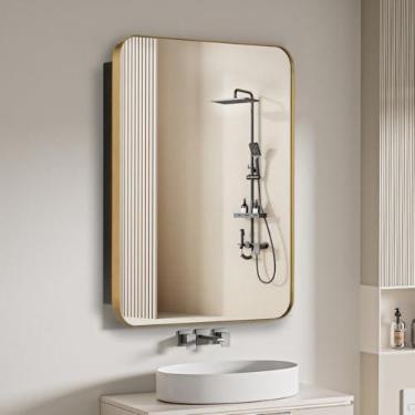 Imagem de FOMAYKO Armário de remédios para banheiro com porta espelhada emoldurada de aço inoxidável – Prateleiras de vidro de remoção, armário de armazenamento de banheiro montado na parede (dourado, espelho
