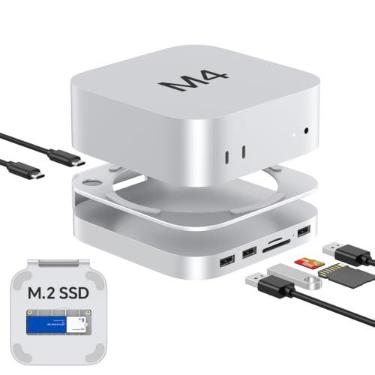 Imagem de Akyyajaure Mac Mini Hub: suporte e base de alumínio 9 em 1 para Mac mini M4 Pro com gabinete SSD M.2 NVMe, USB-A*2 de 10 Gbps, leitores de cartão SD/TF, USB 2.0