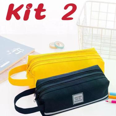 Imagem de Kit 2 Estojos de Lápis Portátil de Lona Camada Dupla Alex OEM com Zíper para Papelaria Escolar