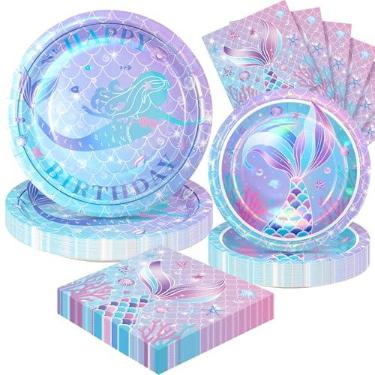 Imagem de Fighting to Achieve 72 peças de pratos e guardanapos de aniversário de sereia, conjunto de 24 pratos descartáveis para decorações de festa de aniversário com tema de mar, suprimentos de festa com tema