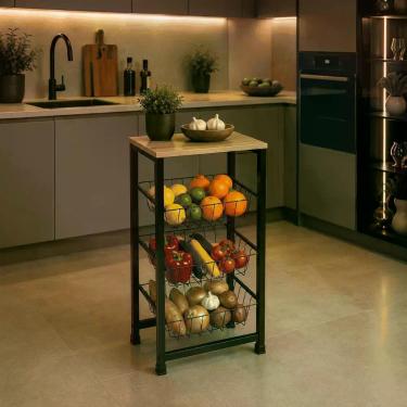 Imagem de Fruteira De Chão Cozinha Com Tampo De Madeira 3 Gavetas - Utilaço, Pre
