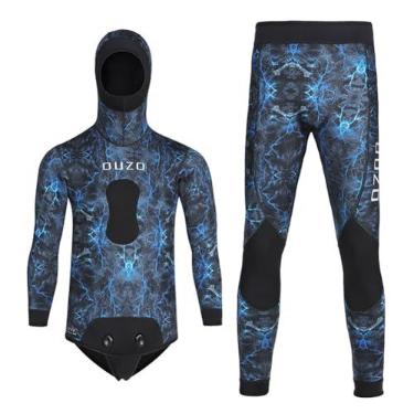 Imagem de WYYHAA Roupa de mergulho de neoprene de 5 mm para pesca submarina com capuz, 2 peças de manga comprida camuflada de corpo inteiro para mergulho livre em água fria, azul, G