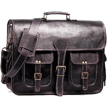 Imagem de HULSH Bolsa de couro para laptop de 45 cm para homens e mulheres | Bolsa de couro genuíno preta para homens e mulheres | Bolsa mensageiro de couro vintage feita à mão para laptop de 17 polegadas