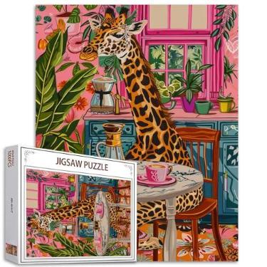 Imagem de Quebra-cabeça animal/vida selvagem 1000 peças para adultos linda pintura girafa quebra-cabeça plantas domésticas tropicais 1000 peças jogo decoração de parede casa artesanato cozinha cena